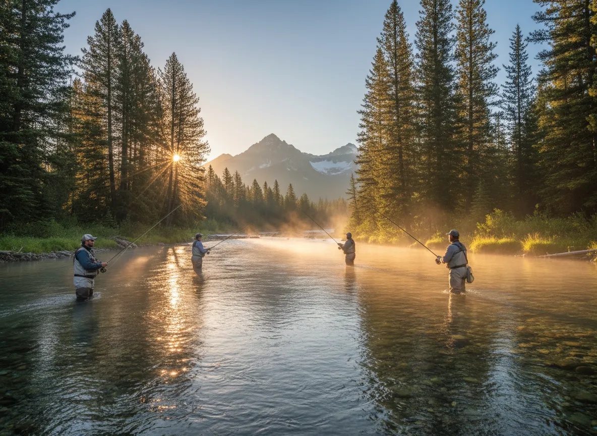 Fly fishing in a crystal-clear river surrounded by mountains